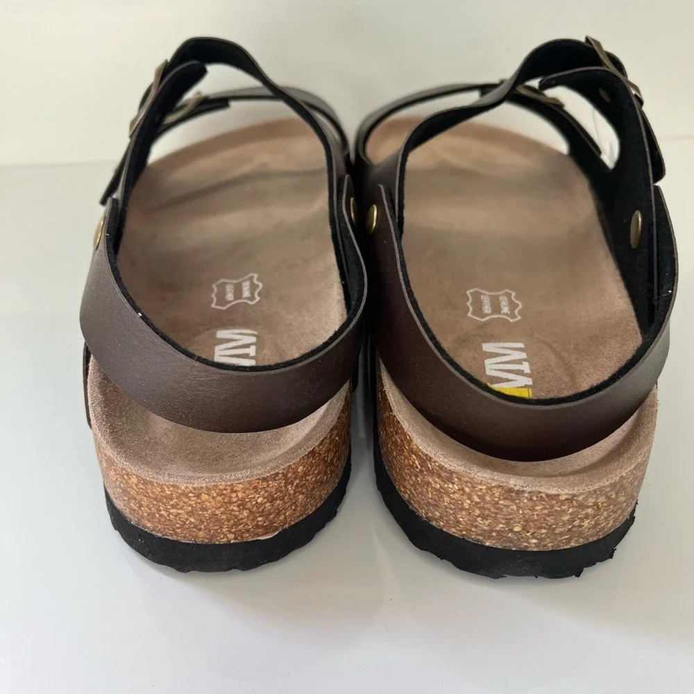 NEW Men's Size 12 Brown Leather Cork Footbed Sandals Slip on with Buckle Straps